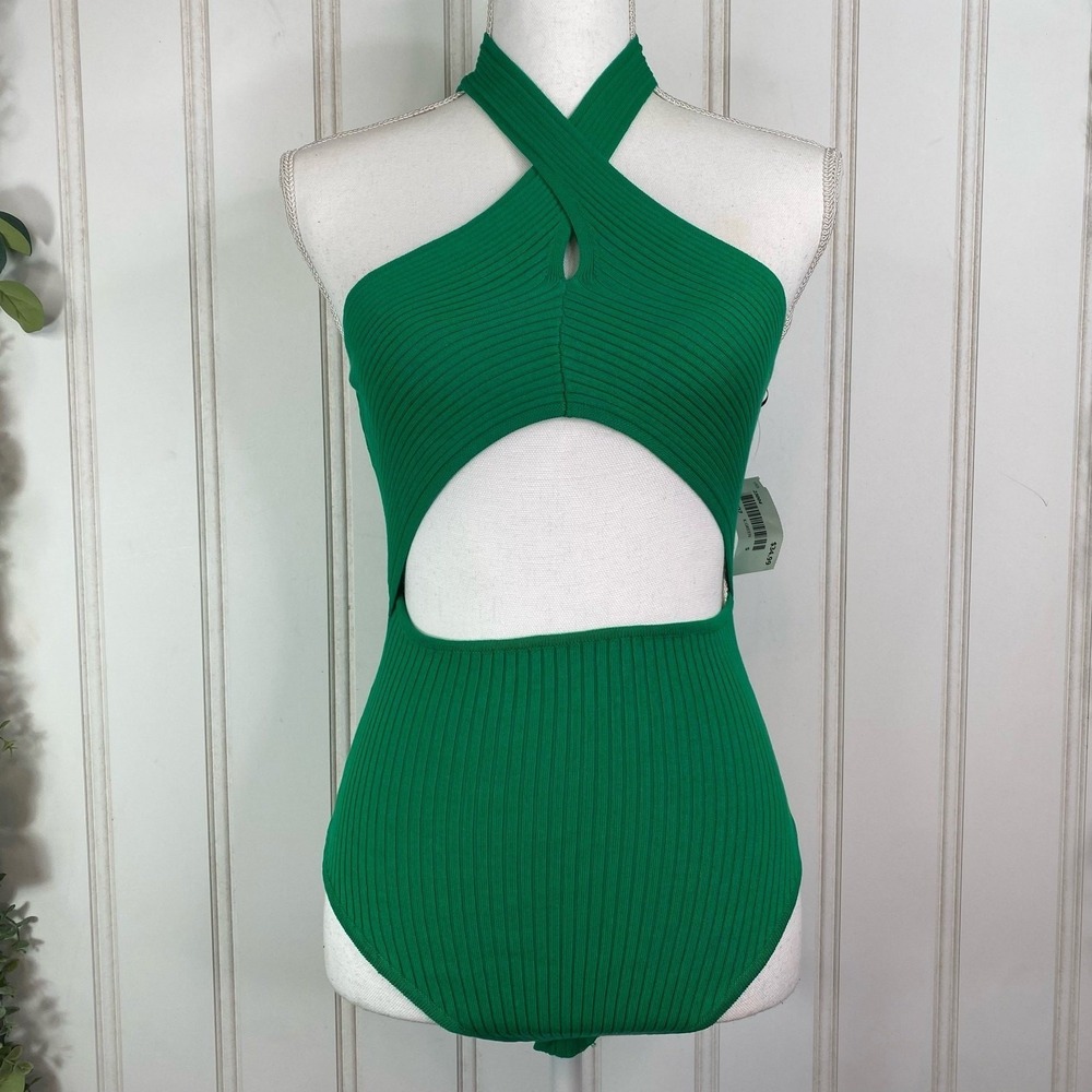 Green Bodysuit SMALL Sleeveless Halter Cutout Ribbed Summer Festival Rave Party - Picture 2 of 8